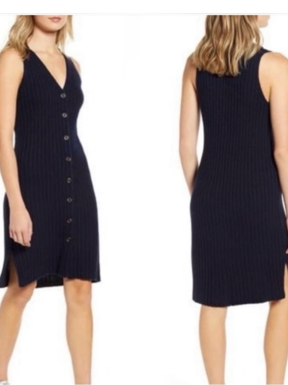 Madewell Ribbed Navy Button-Front Knit Midi Sleeveless Dress